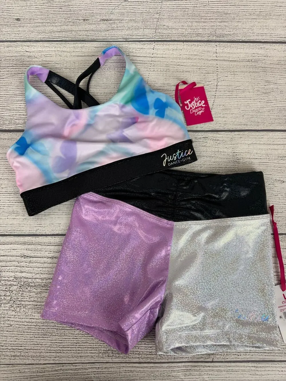 Justice Dance Gym Girl's Butterfly Cloud Iridescent Bra & Shorts Set Size Large